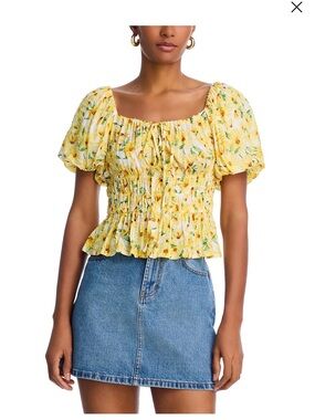 Aqua Yellow Floral Smocked Puff-Sleeve Top